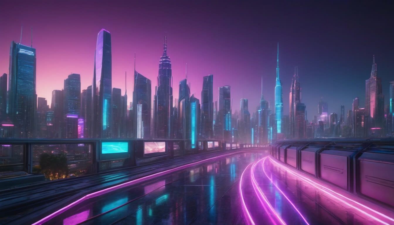 A dreamy, neon-lit futuristic cityscape representing the digital frontier of K-pop.