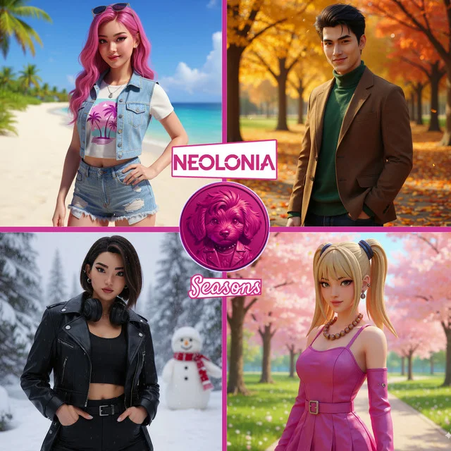 Album cover of Seasons by Neolonia: four virtual K-pop idols, one each on a summer beach, in autumn leaves, in winter snow and under spring cherry blossoms