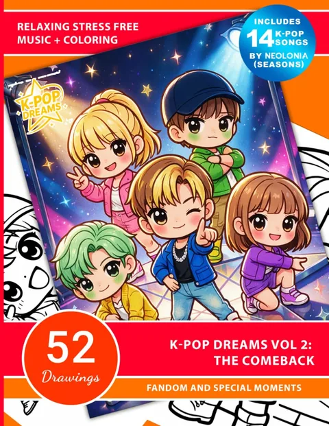 Front cover of K-Pop Dreams Vol. 2: The Comeback, five chibi idols on stage, 52 drawings, includes 14 K-pop songs by Neolonia