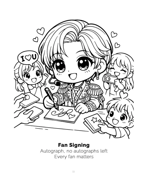 Sample coloring page from K-Pop Dreams Vol. 2: Fan Signing, a chibi idol signing autographs for fans, black line art
