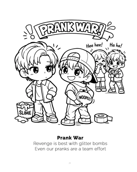 Sample coloring page from K-Pop Dreams Vol. 2: Prank War, chibi idols pranking each other with slime, black line art