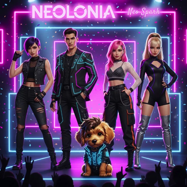 Album cover of Neo Spark by Neolonia: four virtual K-pop idols and a puppy in a glowing jacket on a neon stage