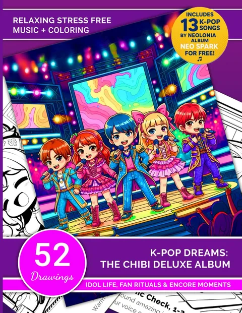 Front cover of K-Pop Dreams: The Chibi Deluxe Album, a K-pop coloring book with 52 chibi idols