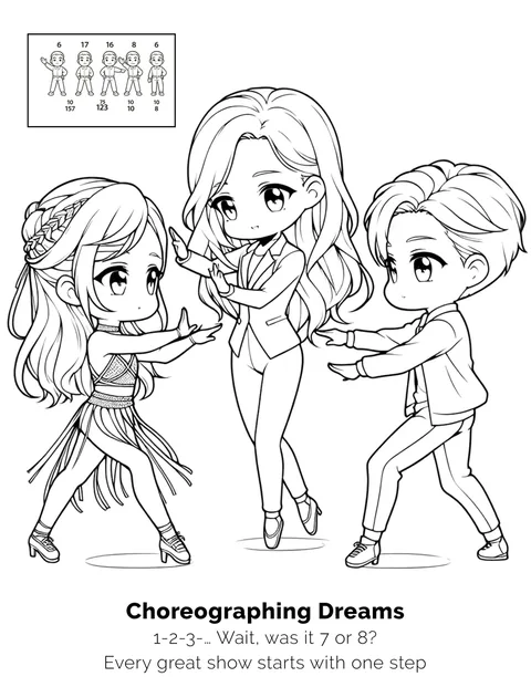 Sample coloring page from K-Pop Dreams: Choreographing Dreams, three chibi idols rehearsing a dance routine, black line art