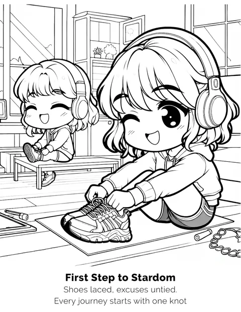 Sample coloring page from K-Pop Dreams: First Step to Stardom, a chibi idol in headphones lacing up her sneakers, black line art